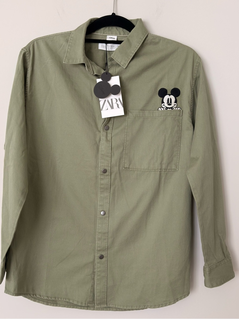 Zara Kids Olive Green Button-Down Shirt with Mickey Pocket Embroidery